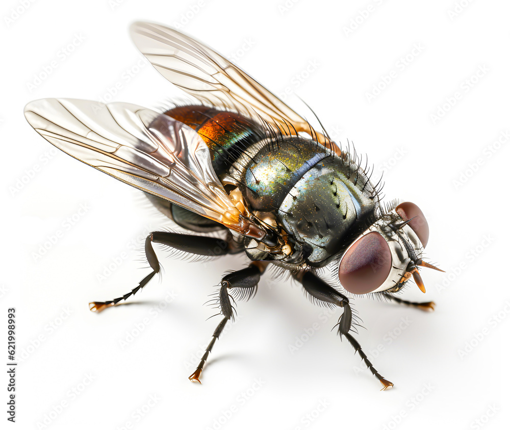 Close-up of house fly on White Background - AI generated
Close-up of house fly on White Background - AI generated