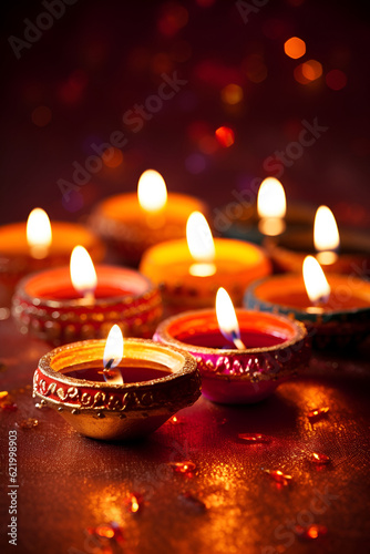 Generative AI illustrations, Happy Diwali - Diya lamps lit during diwali celebration. High quality photo