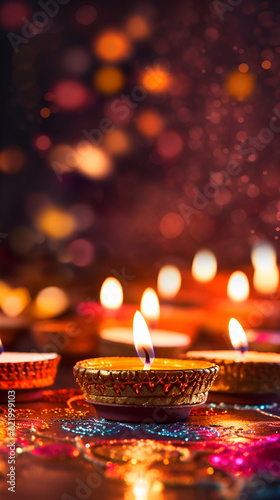 Generative AI illustrations, Happy Diwali - Diya lamps lit during diwali celebration. High quality photo