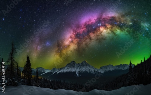 Aurora Milky Way Southeast Sky Mountain Peaks Wide Simulated Northern Lights  Generative AI