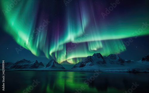 Aurora borealis on the Norway. Green northern lights above mountains. Night sky with polar lights, Generative AI
