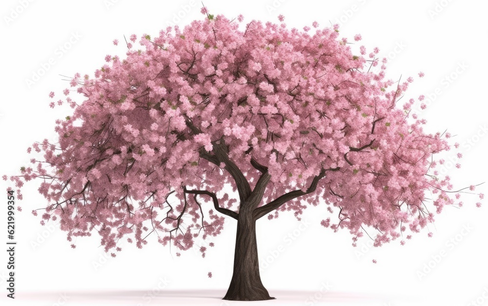 Pink cherry blossom blooming isolated on white background, Generative AI