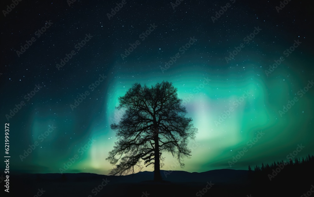 Silhouette of tree against northern lights, Generative AI Silhouette of tree against northern lights, Generative AI