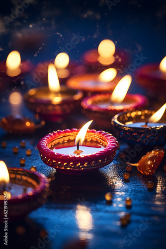Generative AI illustrations, Happy Diwali - Diya lamps lit during diwali celebration. High quality photo