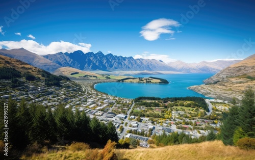 Queenstown View on a Sunny Day in New Zealand, Generative AI photo
