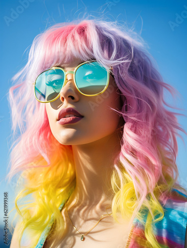 girl in pink sunglasses with bright colored hair, in the style of light green and indigo, film/video, bold colorism, framing, cabincore, yellow and blue, made of plastic, summer vibe