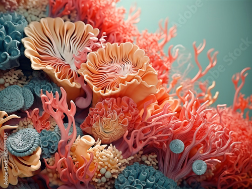 3d иллюстрация красочных кораллов, рыб и других морских жизней, реалистичная гипердеталь, Уэйн Тьебо, вдохновленные природой формы © Dmitrii