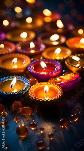 Generative AI illustrations, Happy Diwali - Diya lamps lit during diwali celebration. High quality photo