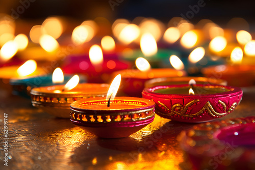 Generative AI illustrations, Happy Diwali - Diya lamps lit during diwali celebration. High quality photo