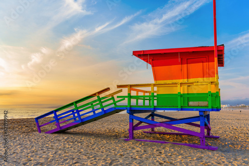 Colorful Lifeguard Tower at Venice Beach  Ocean Sunset View
