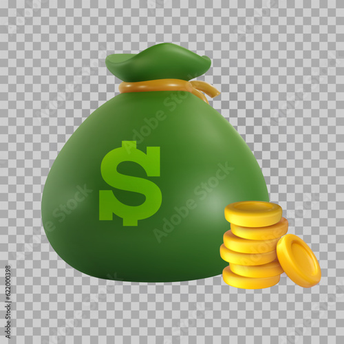 Green money bag with golden coins. Bright modern design element. Creative colorful vector 3d art illustration isolated on transparent background.