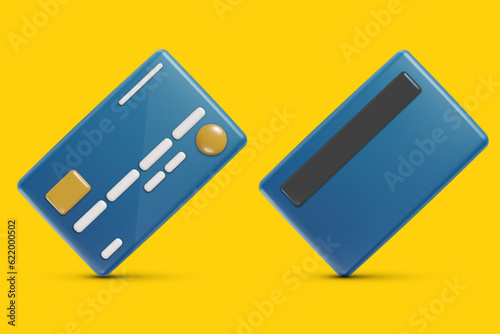 Vector 3d credit card front and back view in realistic cartoon style. Bright modern design element. Creative colorful art illustration isolated on yellow background.
