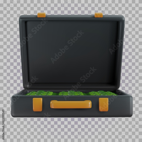 Vector 3d open leather black suitcase with cash paper green money in realistic cartoon style. Bright modern design element. Creative colorful art illustration isolated on transparent background.