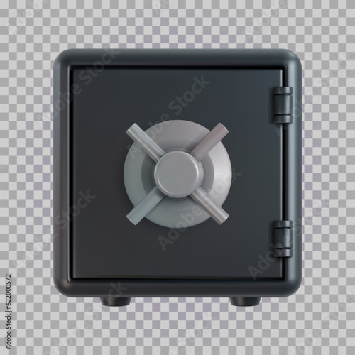 3d closed iron black safe box in realistic cartoon style. Bright modern design element. Creative colorful art vector illustration isolated on transparent background.