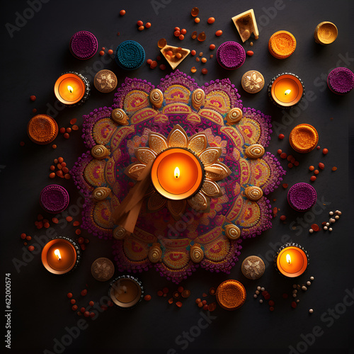 Generative AI illustrations, Happy Diwali - Diya lamps lit during diwali celebration. High quality photo