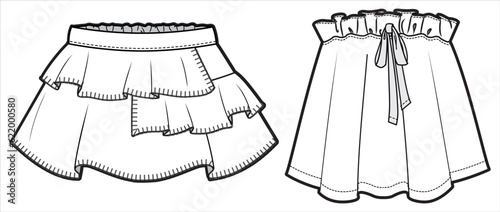 Girls skater ruffle Skirt flat sketch fashion illustration with front view, Toddler baby girl frill Shirt