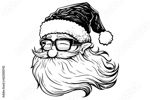 Santa Claus head in a hat sketch hand drawn in engraving style vector illustration.