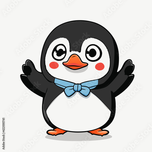 cute and funny cartoon illustration of a clumsy penguin trying to learn how to fly