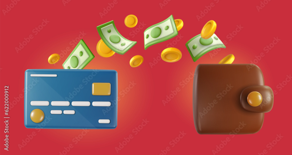 Credit card with wallet and flying money and golden coins in bright ...