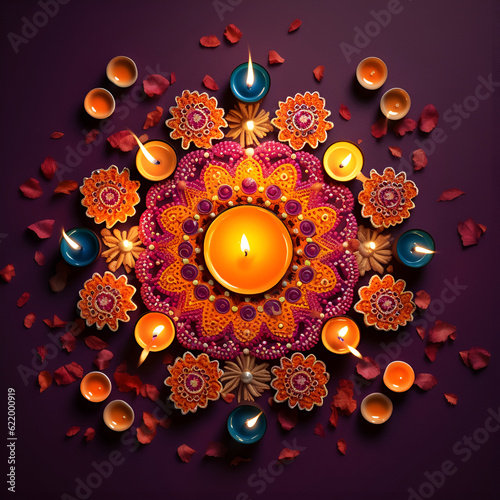 Generative AI illustrations, Happy Diwali - Diya lamps lit during diwali celebration. High quality photo