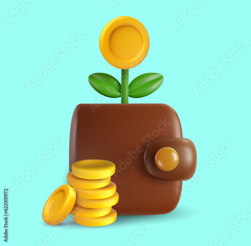 Vector money tree or small green plant in wallet. Creative banking financial composition. Cartoon glossy realistic illustration. Business concept art in minimal 3d style.