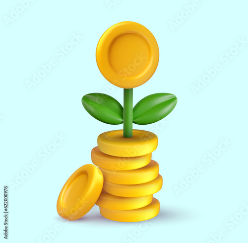 Vector money tree or small green plant in minimal 3d style. Creative banking financial composition. Cartoon glossy realistic illustration. Business concept art.