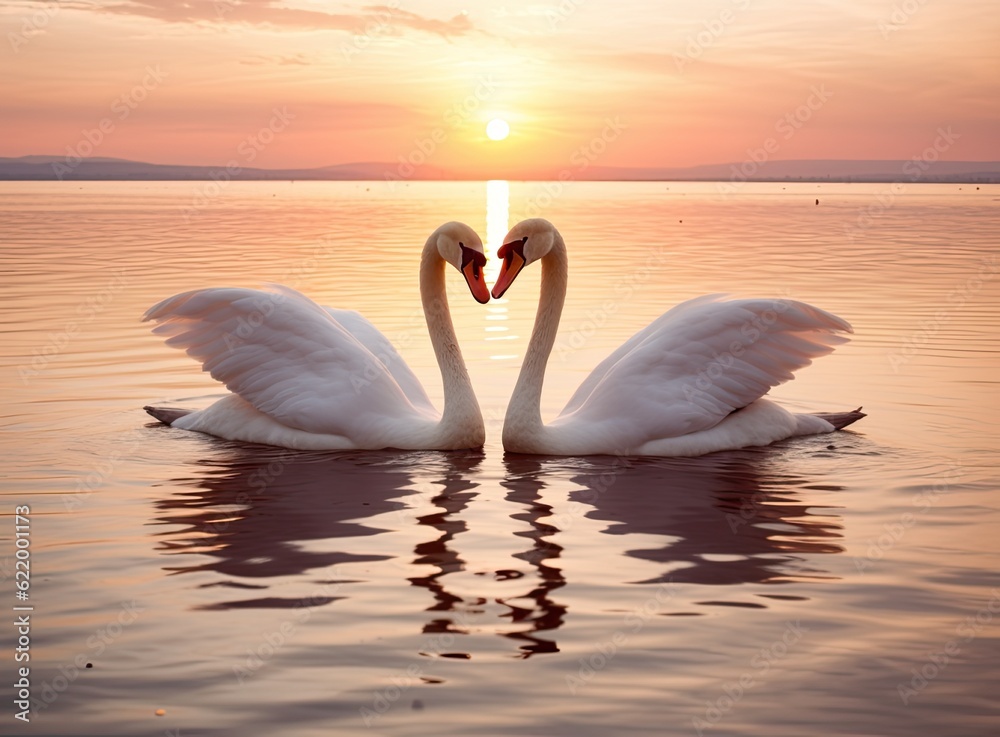 The couple of swans with their necks form a heart. Mating games of a pair of white swans. Swans swimming on the water in nature. Valentine's Day background. Created with Generative AI technology. The couple of swans with their necks form a heart. Mating games of a pair of white swans. Swans swimming on the water in nature. Valentine's Day background. Created with Generative AI technology.