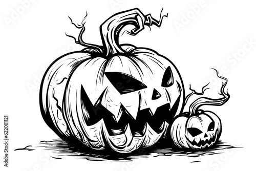 Halloween pumpkin head mascot engraving ink sketch hand drawn vector illustration.