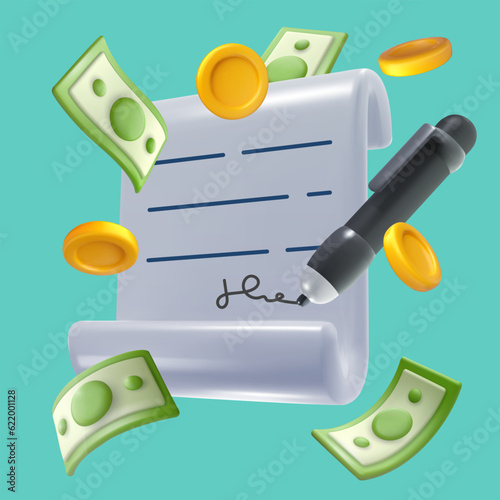 Vector 3d banking paper document with flying money and coins. Bright financial concept design in minimal style. Vivid render illustration.