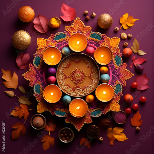Generative AI illustrations, Happy Diwali - Diya lamps lit during diwali celebration. High quality photo