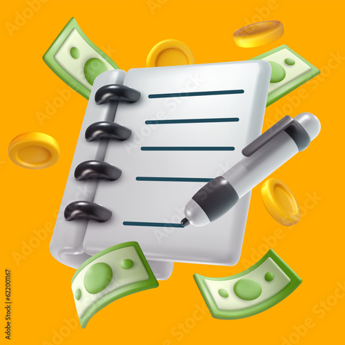 Vector 3d banking paper document with flying money and coins. Bright financial concept design in minimal style. Vivid render illustration.