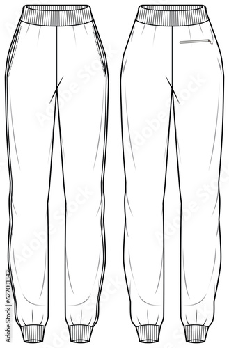 Women's Jogger bottom front and back view flat sketch fashion illustration, Knitted track pants vector template, Sweatpants design drawing