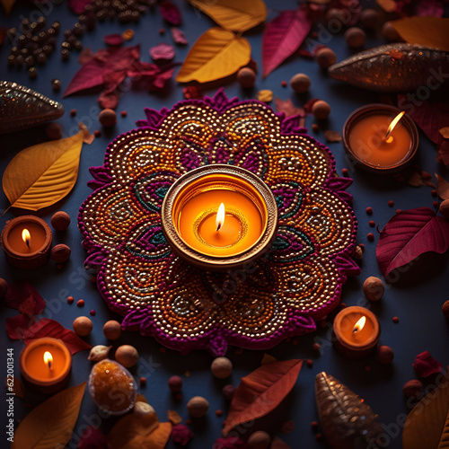 Generative AI illustrations, Happy Diwali - Diya lamps lit during diwali celebration. High quality photo