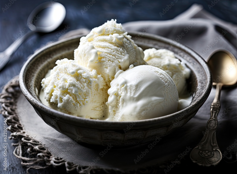 Bowl with tasty vanilla ice cream on table against light background. Created with Generative AI technology. Bowl with tasty vanilla ice cream on table against light background. Created with Generative AI technology.