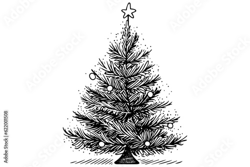 Christmas tree vector illustration. Hand drawn, engraving, ink, sketch.