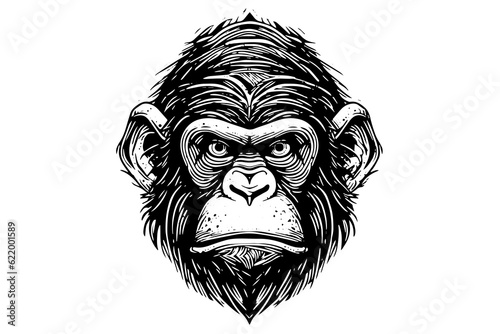 Monkey head or face hand drawn vector illustration in engraving style ink sketch.
