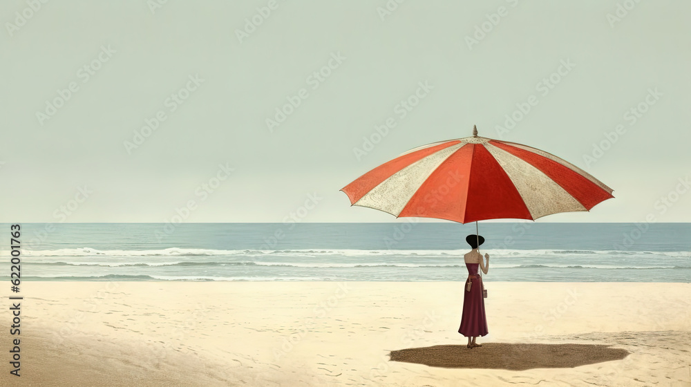 Umbrella on the hot sand of the beach. Grungy card with vacation scene of parasol on the shore line. Generative AI.