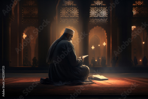 Muslim elder sitting in masjid reading quran before prayer time at subdued dark light. ai generative