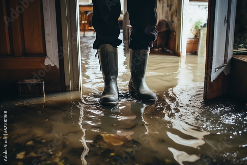 Fotografia A man in rubber boots stands in a flooded house. ai generative