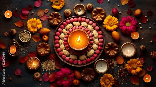 Generative AI illustrations, Happy Diwali - Diya lamps lit during diwali celebration photo