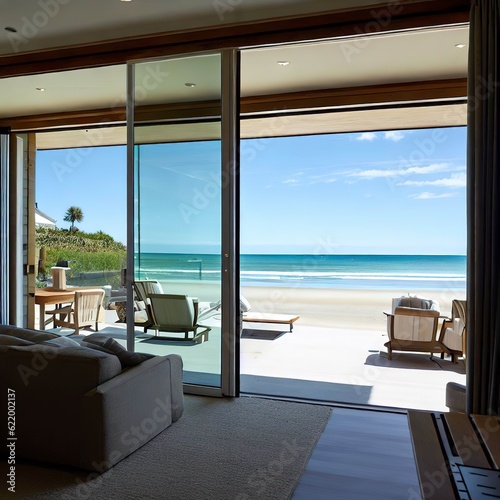 Beach house living room with bi fold doors opening onto a view © Sergiu