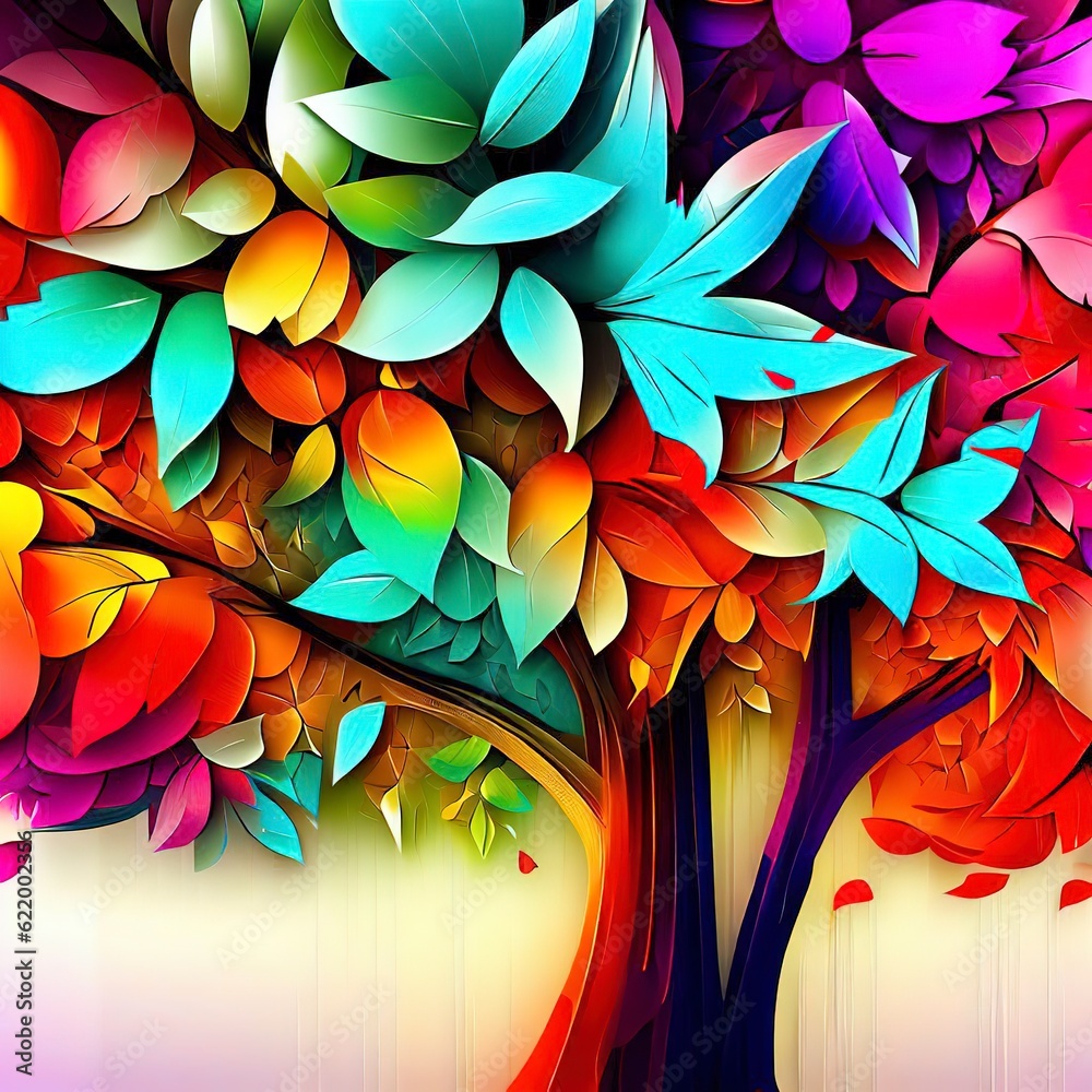 Elegant colorful tree with vibrant leaves hanging branches illustration background. Bright color 3d abstraction wallpaper for interior mural painting wall art decor