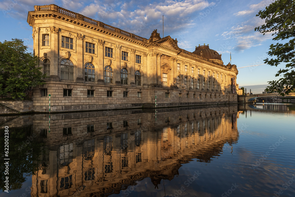 The historic Bode Museum on Museum Island, reflected in the Spree River, Mitte, Berlin.