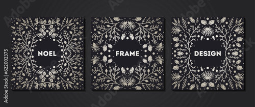 Luxury Christmas frame set, abstract sketch winter floral design templates. Geometric monochrome square, holly backgrounds with fir tree. Use for package, branding, decoration, banners