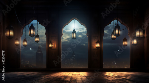 Moonlight shining through the window to the inside of an Islamic mosque with hanging lanterns.ai generative