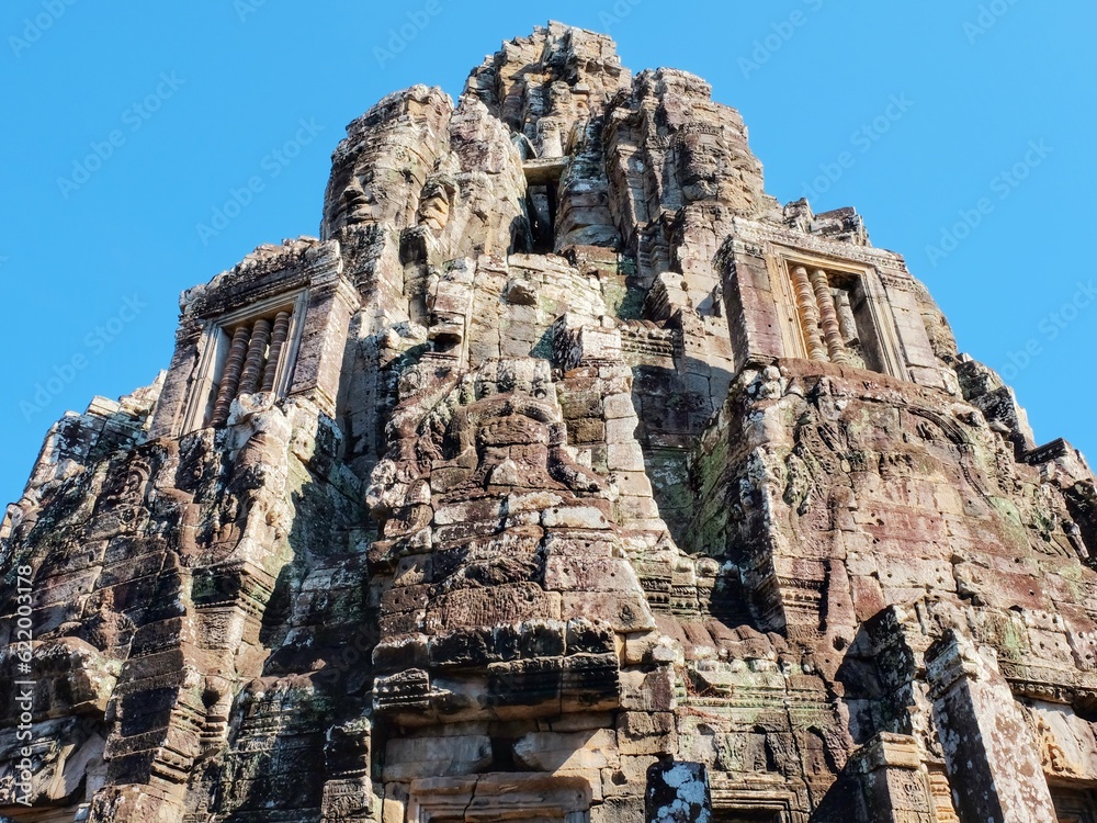 The central building of the Bayon Temple, an integral part of the ancient Khmer Empire in Cambodia.