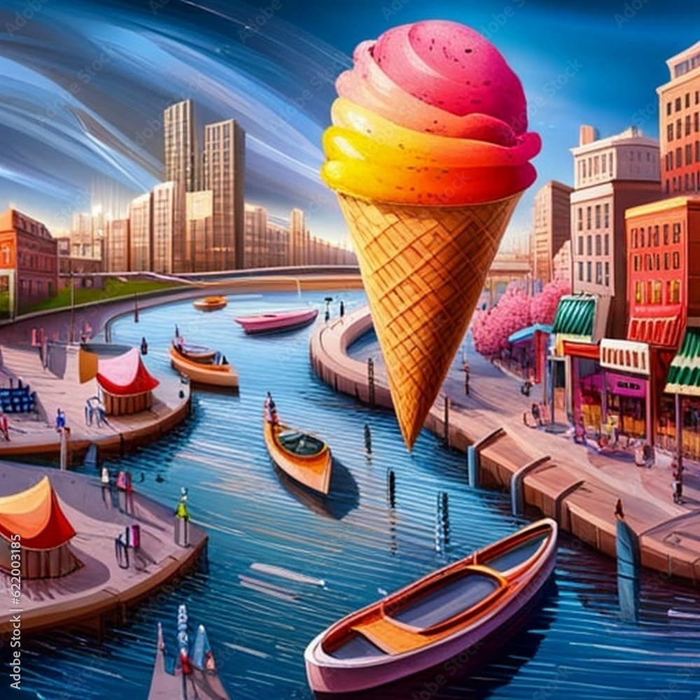 giant ice cream cone flies over the river in the city, along which