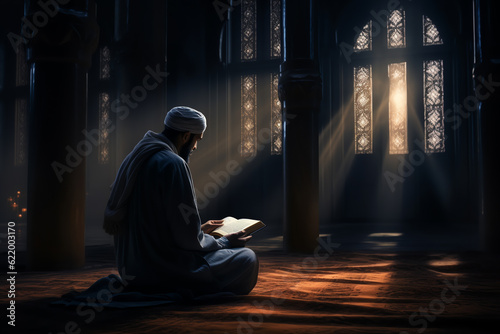 Muslim elder sitting in masjid reading quran before prayer time at subdued dark light. ai generative photo