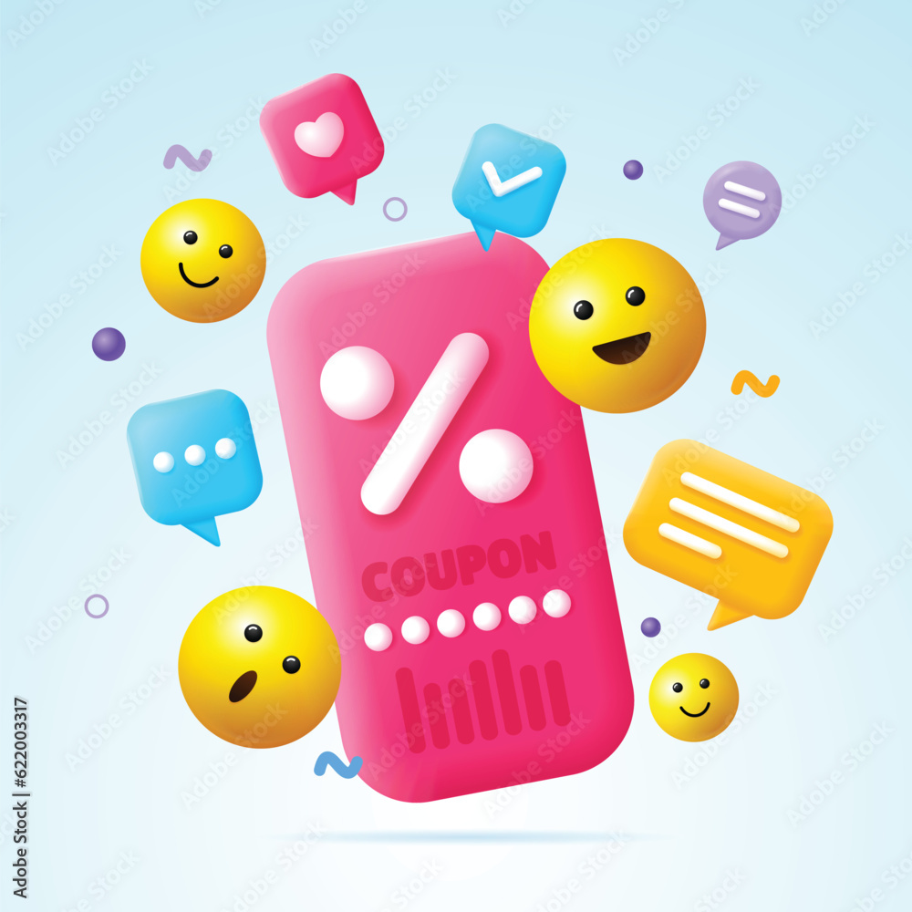 3d Cupon Concept Cartoon Style with Different Speech Bubbles and Like