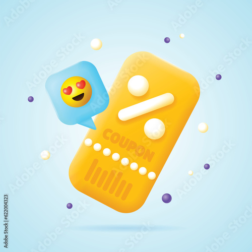 3d Cupon with Yellow Emoji on Speech Bubble Concept Cartoon Style. Vector illustration of Gift Voucher Coupon